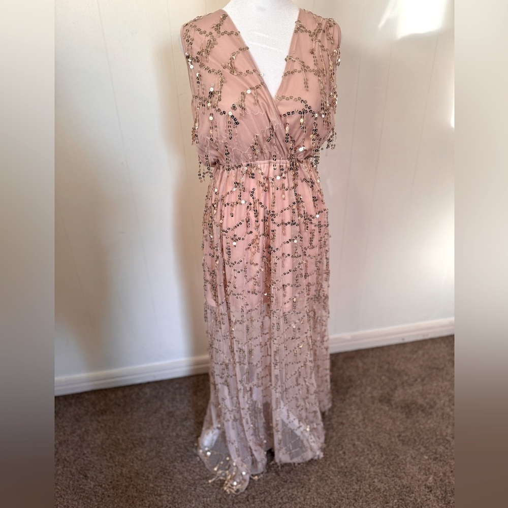 Peachy blush nude dress w/ gold fringe sequin. Size S, but forgiving, can fit M